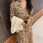 Single-breasted Blazer / Flower Print Long-sleeve Midi A-line Dress / Set