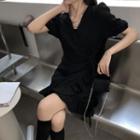 Short-sleeve V-neck Frill Trim Mini A-line Dress Black - One Size