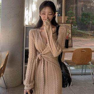 Long-sleeve Side-slit Midi Cable-knit Dress Khaki - One Size
