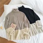 Asymmetric Color-block Turtle-neck Long-sleeve Sweater