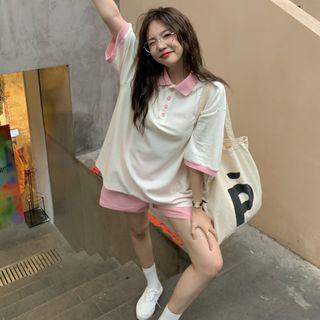 Elbow-sleeve Contrast Trim Collared T-shirt / Shorts