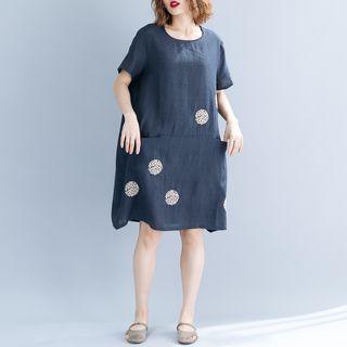 Short-sleeve Embroidered Dress Navy Blue - One Size