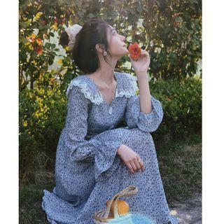 Lace Trim Collar Floral Long-sleeve Midi A-line Dress