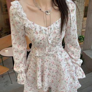 Long-sleeve Floral Irregular A-line Dress