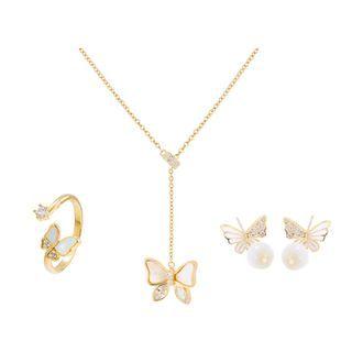 Set: Rhinestone Butterfly Pendant Necklace + Open Ring + Ear Stud Set - Gold - One Size