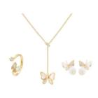 Set: Rhinestone Butterfly Pendant Necklace + Open Ring + Ear Stud Set - Gold - One Size