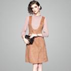 Mock Two-piece Long-sleeve Double Breasted Dress Pink & Camel - S