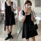 Set: Puff-sleeve Blouse + Mini Overall Dress Set - White & Black - One Size