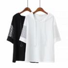 Short-sleeve Lace Panel Hooded T-shirt