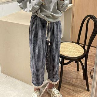 High-waist Straight Leg Rolled Plaid Pants