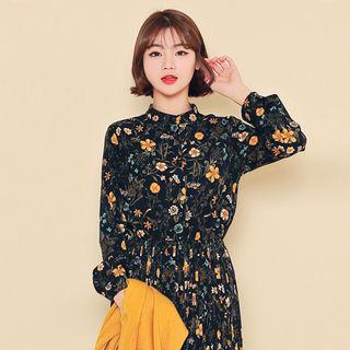 Mandarin-collar Floral Print Long Dress