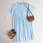 Short-sleeve Frill Trim A-line Midi Dress Blue - One Size