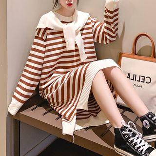 Mock Two-piece Striped Long-sleeve Midi Knit Dress