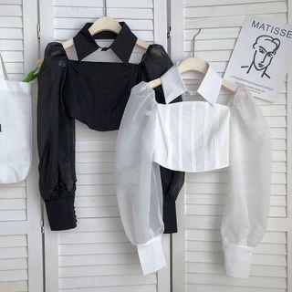 Lapel Mesh Off-shoulder Cropped Shirt