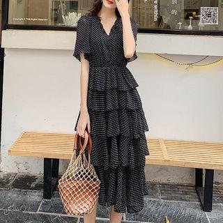 V-neck Dot Print Layered Chiffon Dress