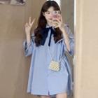 Elbow-sleeve Drawstring Mini Shirtdress Blue - One Size
