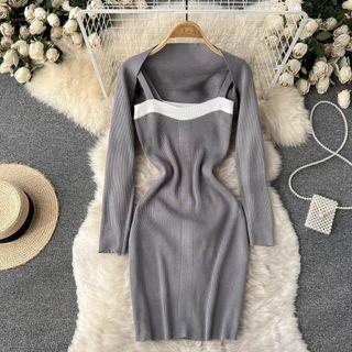 Set Of 2 : Plain Long-sleeve Cardigan + Color Block Suspender Knit Dress