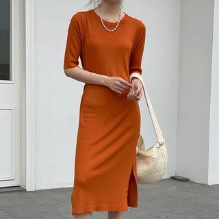 Plain Short Sleeve Split Midi Dress