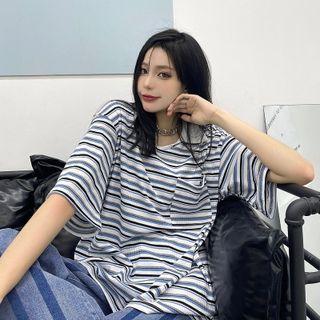 Short-sleeve Open-placket Stripe Polo Shirt Stripe - Blue - One Size