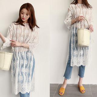3/4-sleeve Sheer Lace Midi Shift Dress