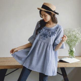 Elbow-sleeve Embroidered Stripe Blouse