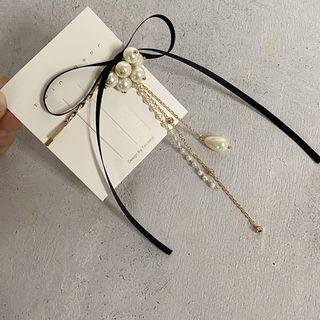Bow Faux Pearl Hair Pin Black - One Size