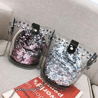 Studded Transparent Bucket Bag With Sequined Pouch