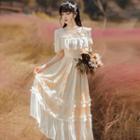 Short-sleeve Square-neck Butterfly Embroidered Midi Dress