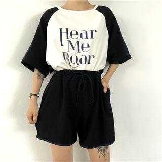 Set: Elbow-sleeve Letter Raglan T-shirt + Sweatshorts