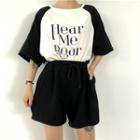 Set: Elbow-sleeve Letter Raglan T-shirt + Sweatshorts