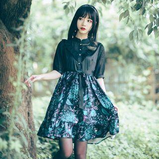 Short-sleeve Floral Panel Mini A-line Dress