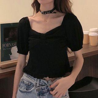 Balloon-sleeve Shirred Blouse Black - One Size