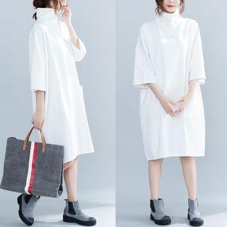 Elbow-sleeve Turtleneck A-line Dress