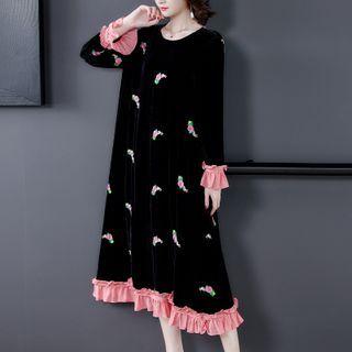 Long-sleeve Ruffle Trim Print Velvet Midi Dress