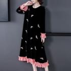 Long-sleeve Ruffle Trim Print Velvet Midi Dress