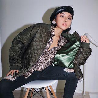 Tie-hem Argyle Baseball Jacket