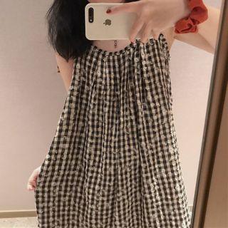Gingham Flower Print Spaghetti Strap Midi Shift Dress Gingham - Black & White - One Size