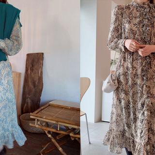 Tie-front Frilled-detail Pattern Dress