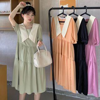Puff-sleeve Collar Tiered Midi A-line Dress