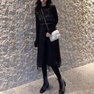 Spaghetti Strap Tweed Panel Midi A-line Mesh Dress