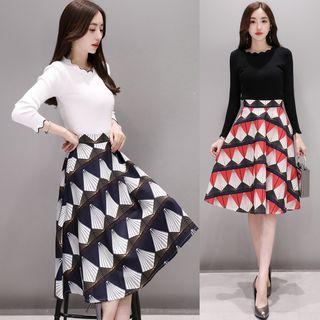 Set: Scalloped Edge Long-sleeve Knit Top + Printed A-line Midi Skirt