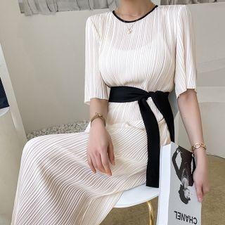 Crystal-pleat Long Dress With Sash Ivory - One Size