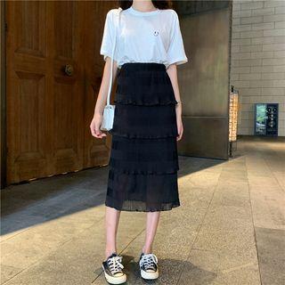 Crew-neck Short-sleeve T-shirt / High Waist Midi Tiered Skirt