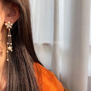 Rhinestone Faux Pearl Flower Fringed Earring 1 Pair - As Shown In Figure - One Size