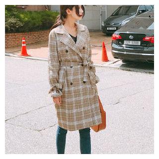 Double-breasted Plaid Trench Coat With Sash