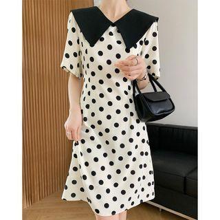 Short-sleeve Dotted Collared Midi A-line Dress