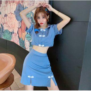 Set Of 2: Sailor Collar Short-sleeve Top + Plain Slit Pencil Skirt