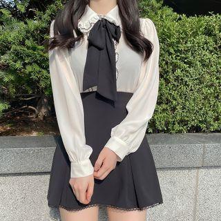 Long-sleeve Peter Pan Collar Ruffle Trim Plain Bow Accent Loose Fit Chiffon Shirt