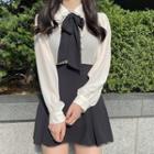 Long-sleeve Peter Pan Collar Ruffle Trim Plain Bow Accent Loose Fit Chiffon Shirt