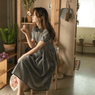 Contrast-collar Gingham Long Dress